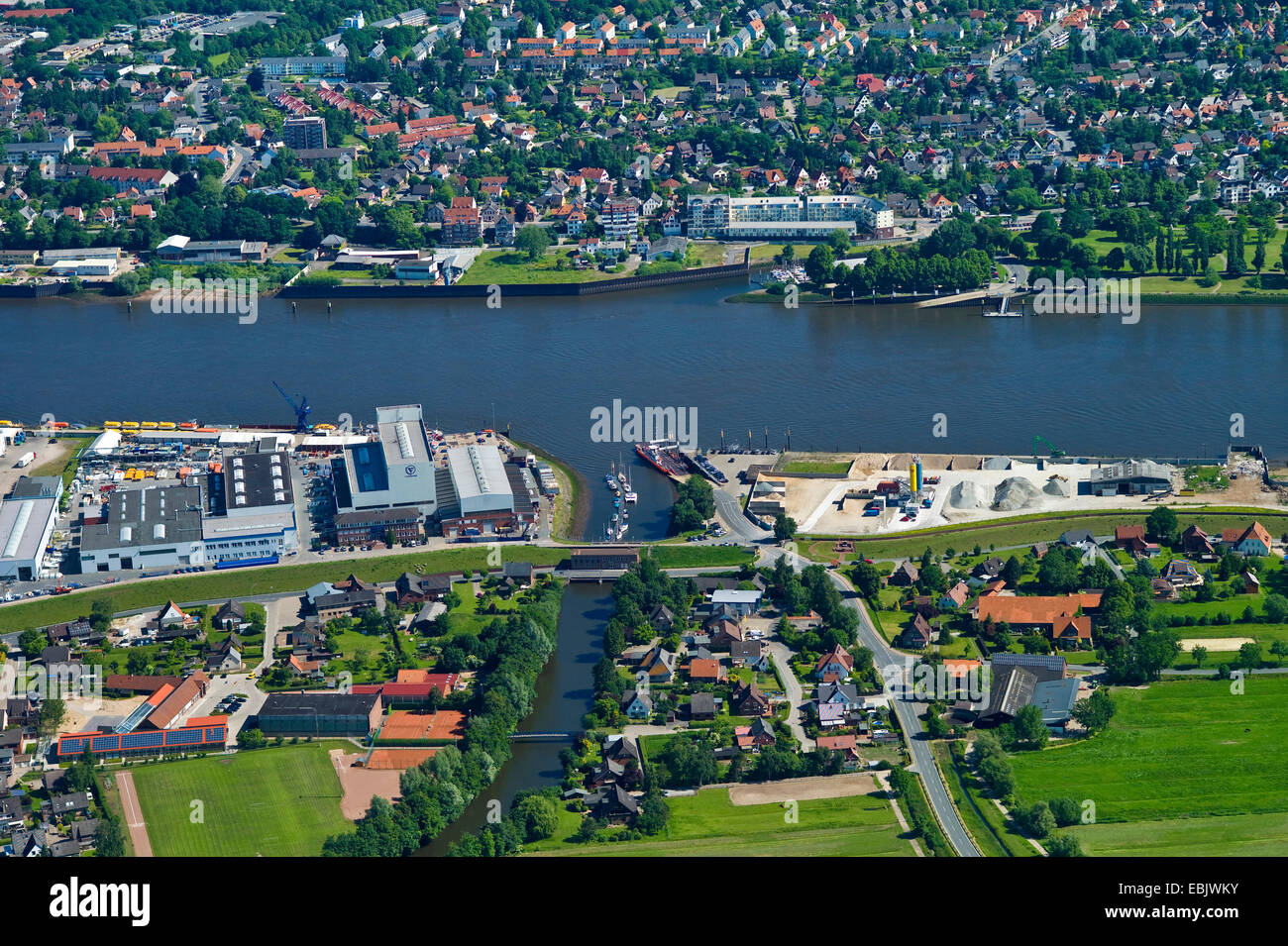 aerial view of district Motzen with the Weser ferry, in the background