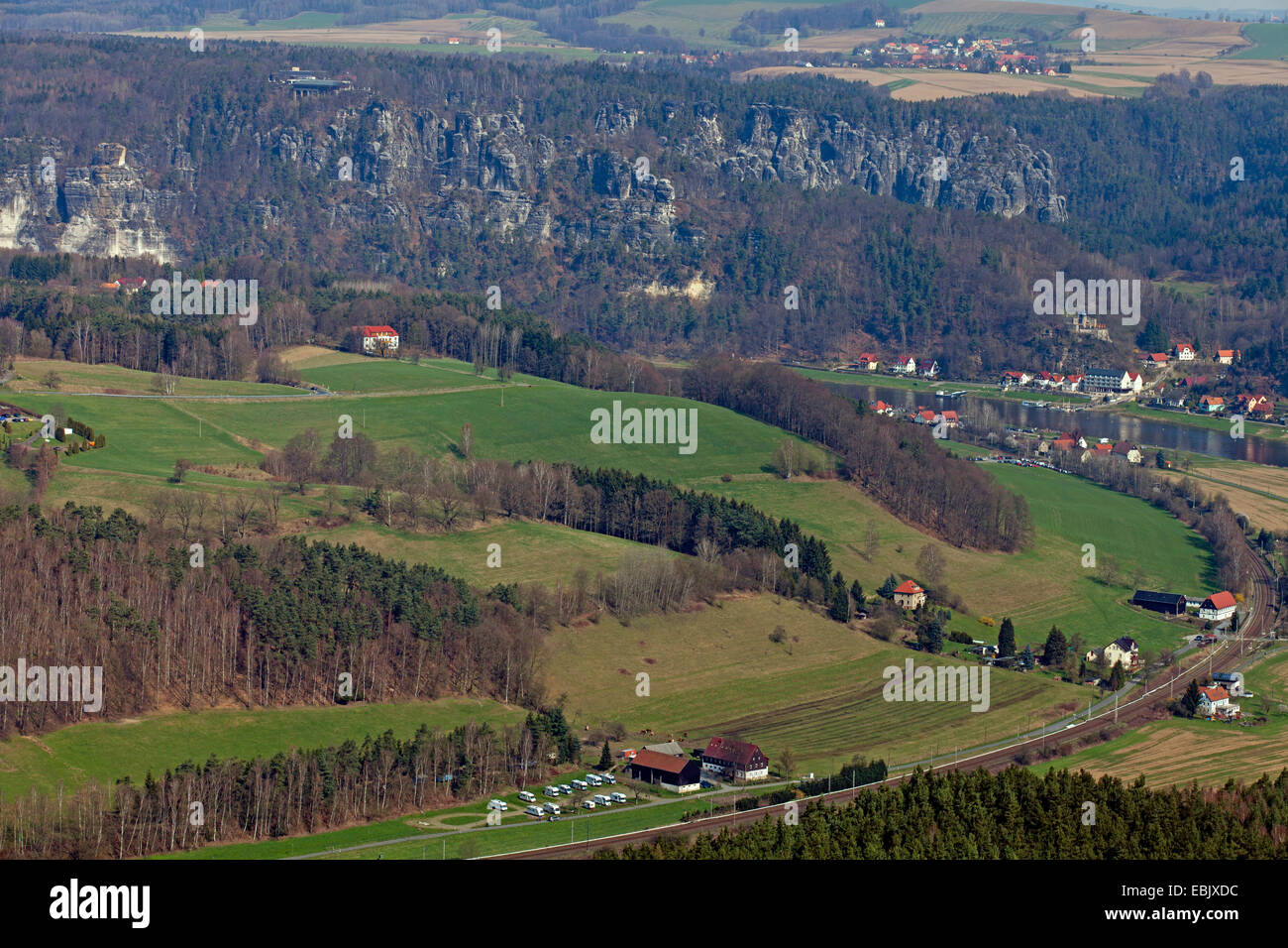 view from Lilienstein to Bastei area, Germany, Saxony, Elbsandsteingebirge, Saechsiche Schweiz Stock Photo