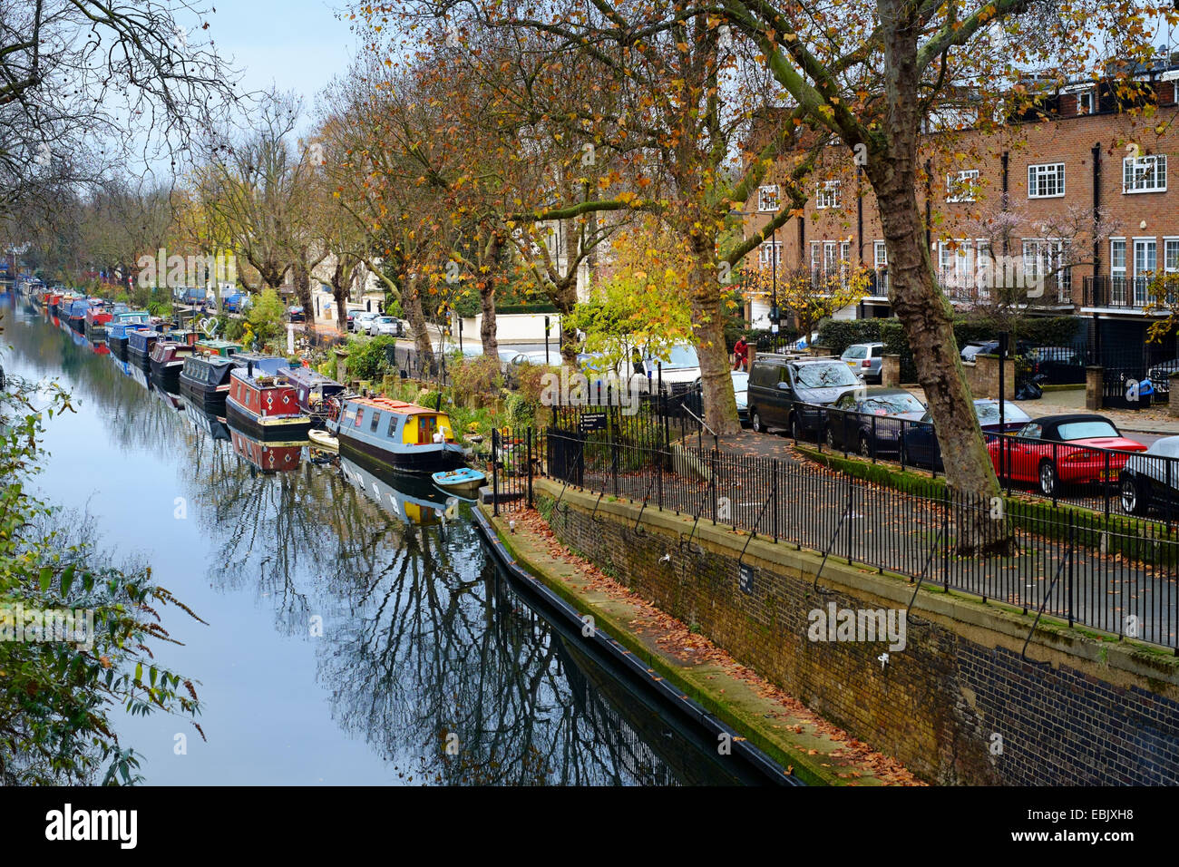 Narrowboats at Little Venice - Blomfield Road, London - autumn day by the Regent's Canal in west London Stock Photo