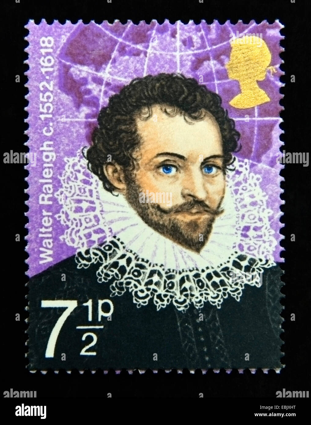 Postage stamp. Great Britain. Queen Elizabeth II. British Explorers. 1973. Sir Walter Raleigh c.1552-1618. 71/2p. Stock Photo