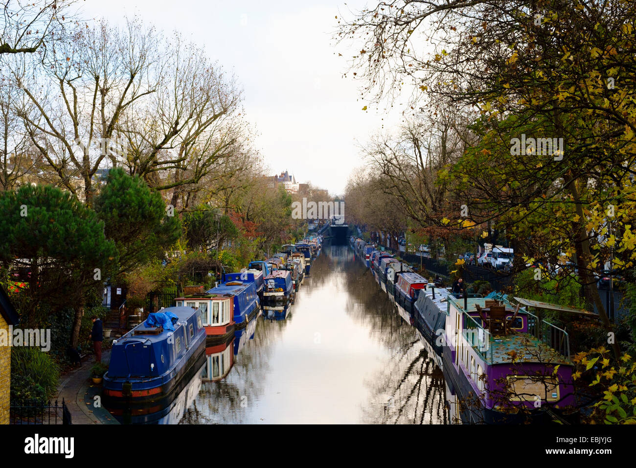 Narrowboats at Little Venice - Blomfield Road, London - autumn day by the Regent's Canal in west London Stock Photo