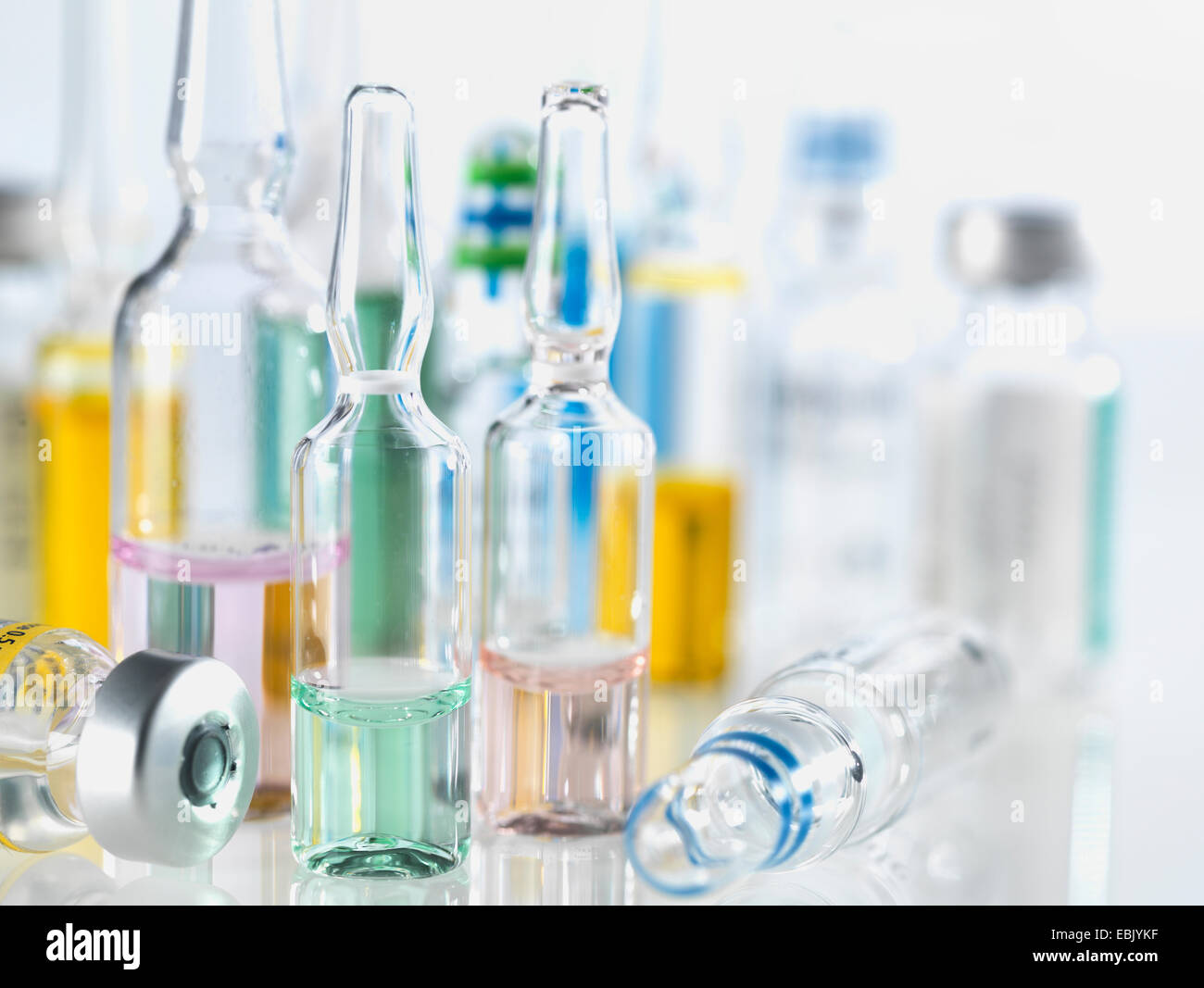 Selection of drugs including vials, ampules and vaccines illustrating medical research Stock Photo