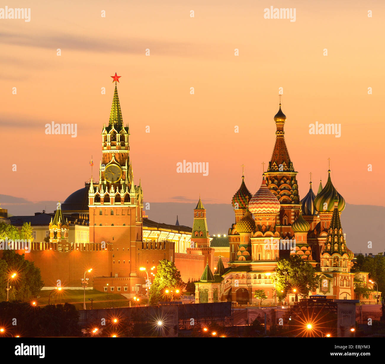 View of Kremlin towers, Saint Basils Cathedral at night, Moscow, Russia Stock Photo