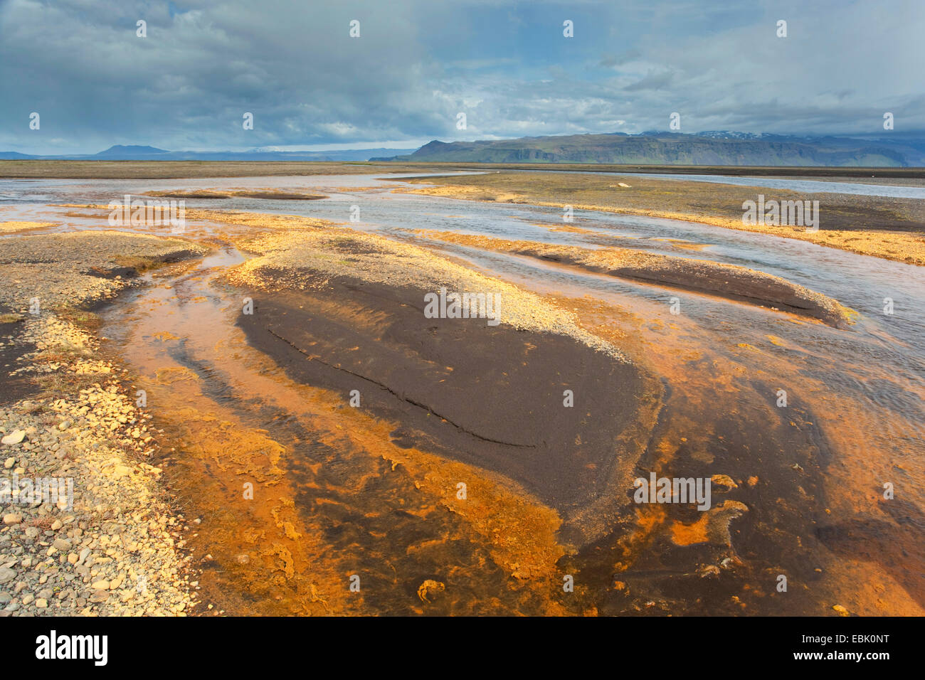 mineral deposits in glacial outflow river, Iceland, Landeyjasandur Stock Photo
