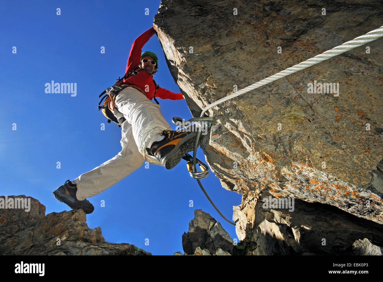 climber at Via ferrata at Val d Isere, France, Savoie Stock Photo