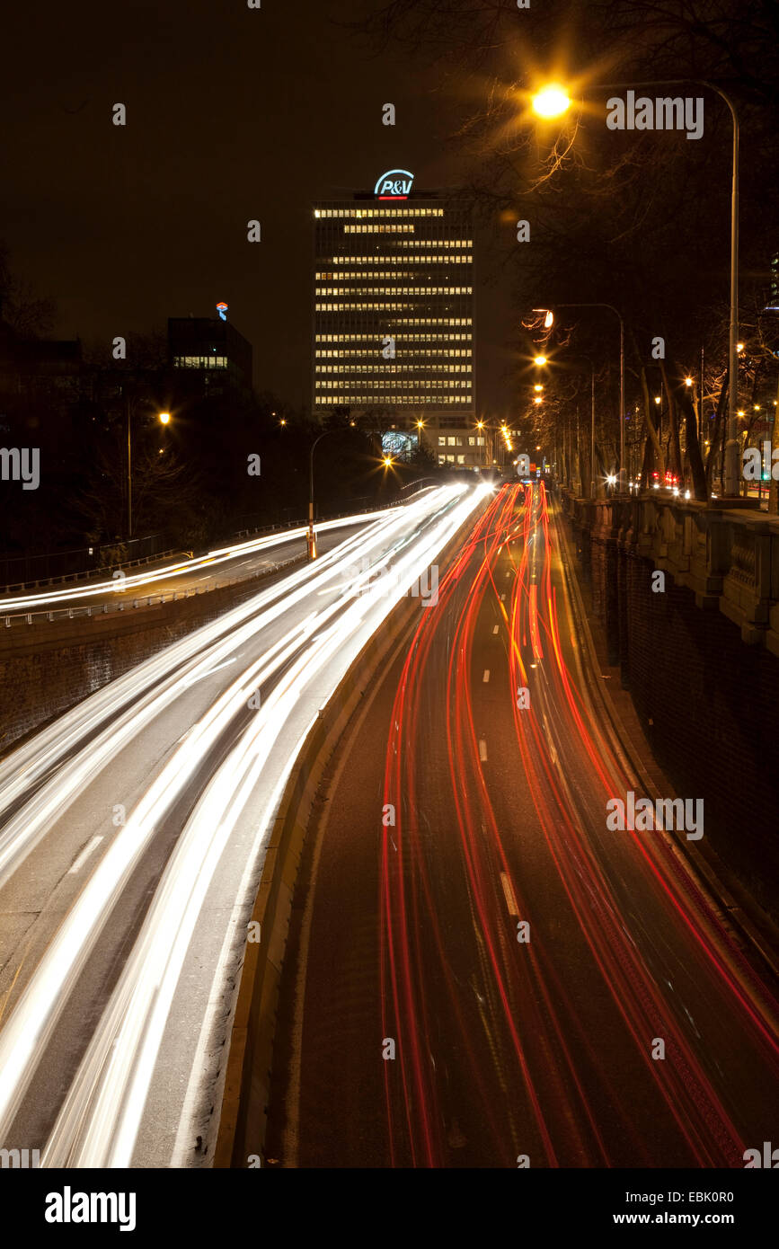 view at the evening traffic on a city motorway in bulb exposure, Belgium, Brussels Stock Photo