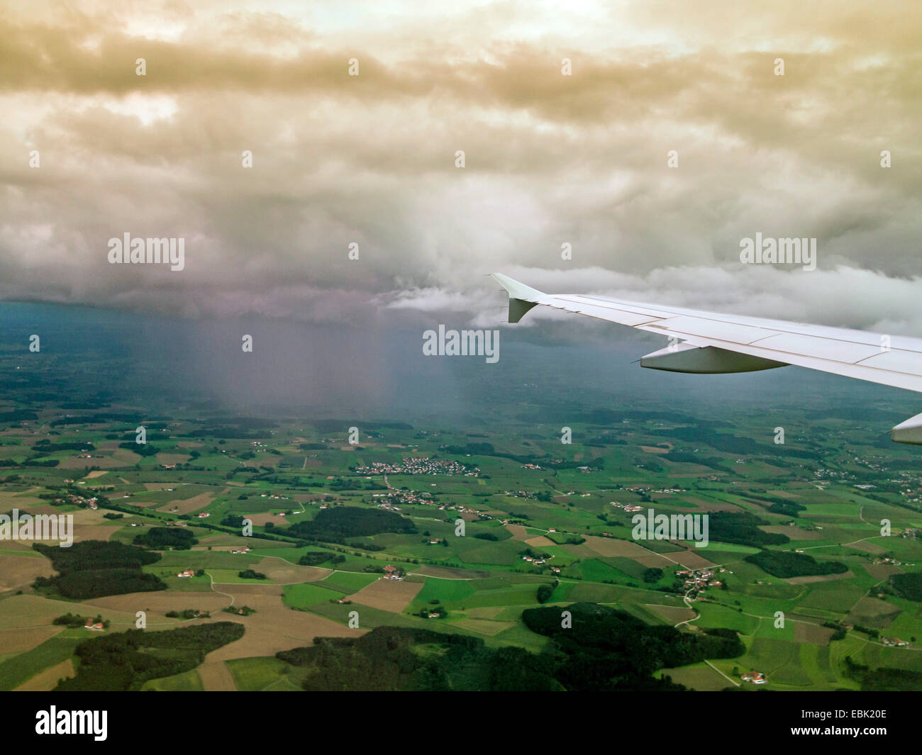 aerial view to rain clouds and rain shower, Germany, Bavaria, Flughafen Muenchen Stock Photo
