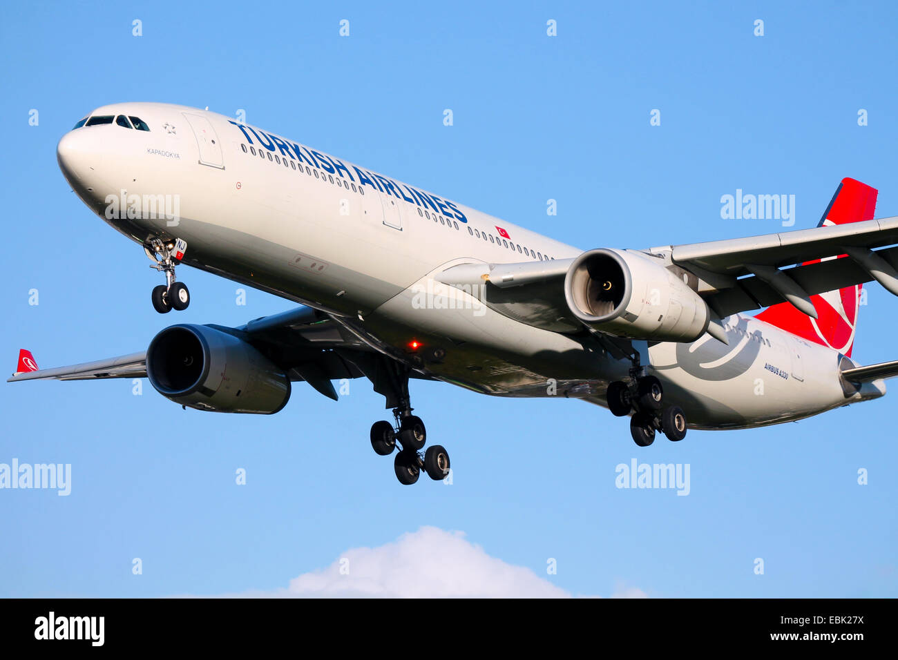 Turkish Airlines Airbus A330-300 approaches runway 27L at London Heathrow airport. Stock Photo