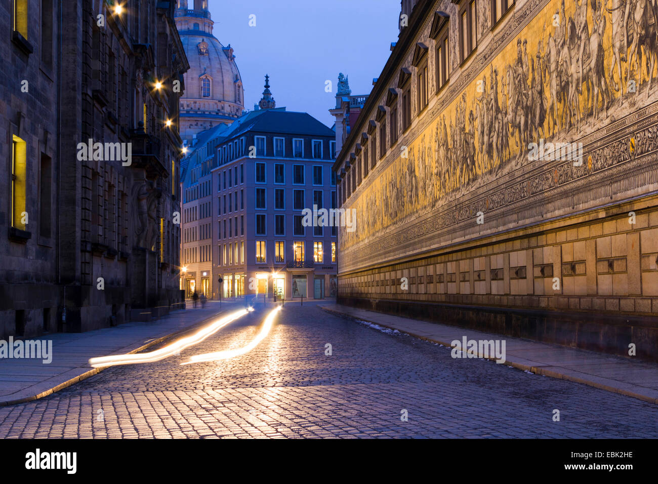 Fuerstenzug and Dresden Frauenkirche in the evening, Germany, Saxony, Dresden Stock Photo