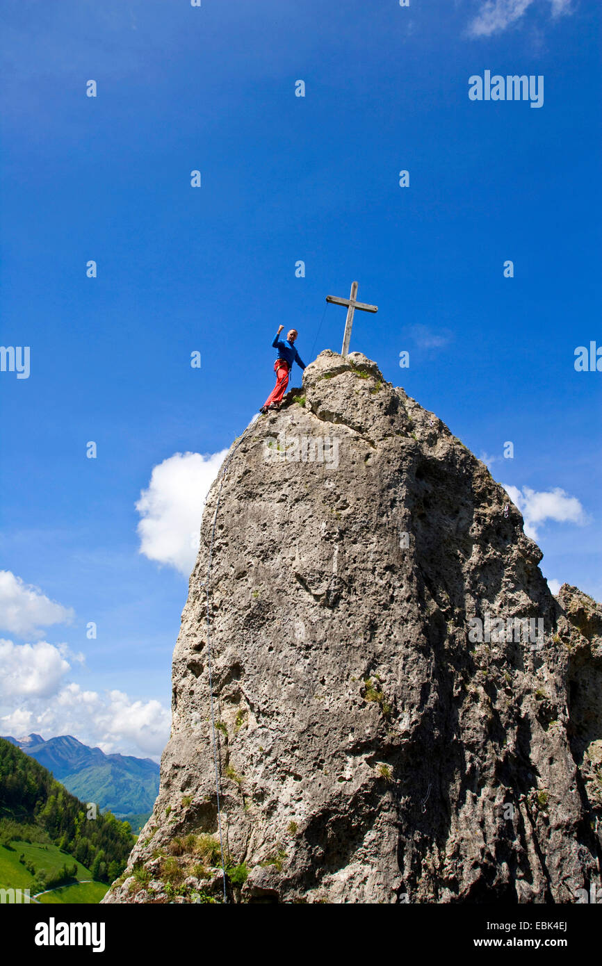 freeclimber at peek of Sauzahn mountain in Ennstal, Austria, Upper Austria Stock Photo