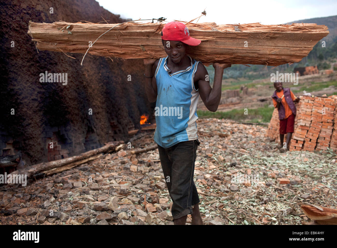 young man carrying timber beam for firing brick kiln, Burundi, Karuzi, Buhiga Stock Photo