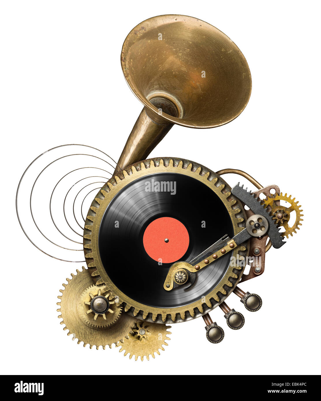 Stylized steampunk metal collage of vinyl record turntable Stock Photo