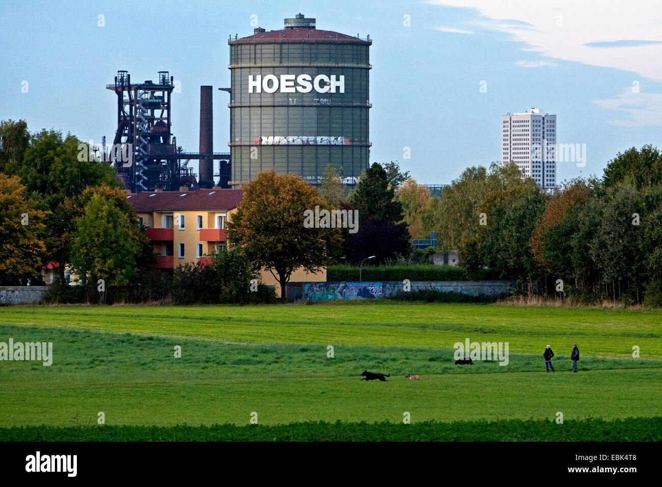 panoramic view over a meadow in the conservation area Hacheney at the heritage-protected smelting furnace plant of the former steel mill Phoenix West and the gasometer at the district Hoerde, Germany, North Rhine-Westphalia, Ruhr Area, Dortmund Stock Photo