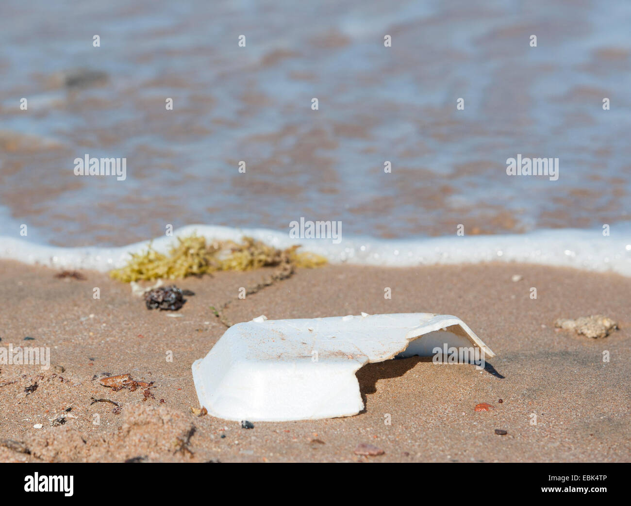 Closeup of polystyrene rubbish on sandy beach with water Stock Photo