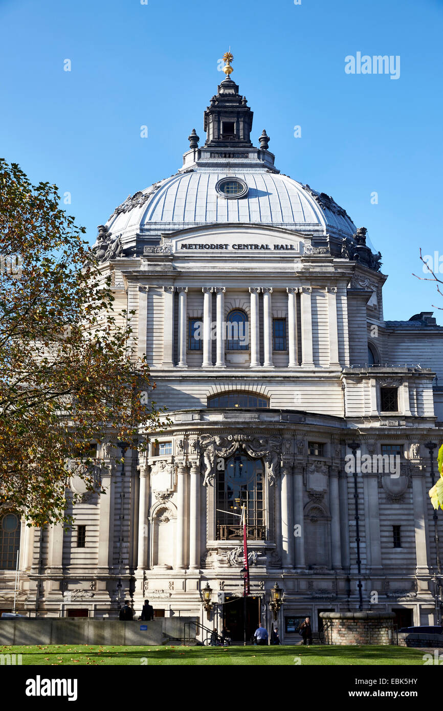Exterior of Methodist Central Hall, Westminster London taken on a sunny day with blue sky. Stock Photo