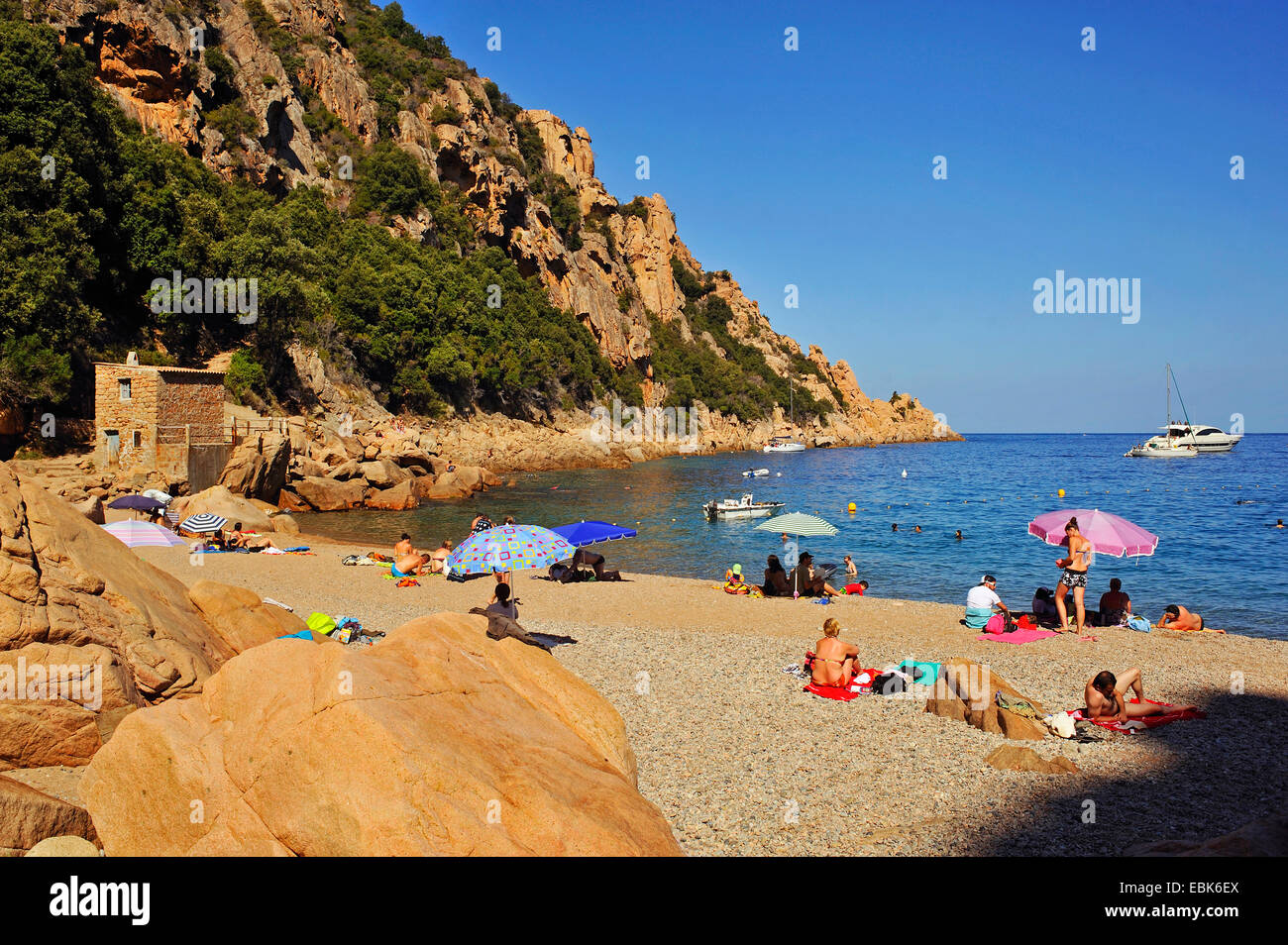 tourists sunbathing on the beach of Ficajola, France, Corsica Stock Photo
