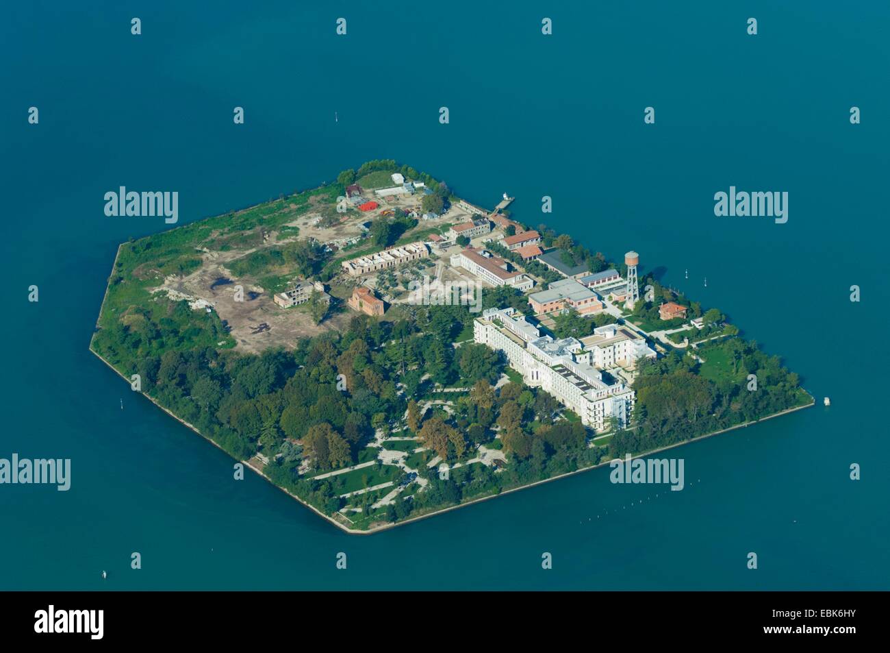 Aerial view of isola delle Rose island, Venice lagoon, Italy, Europe