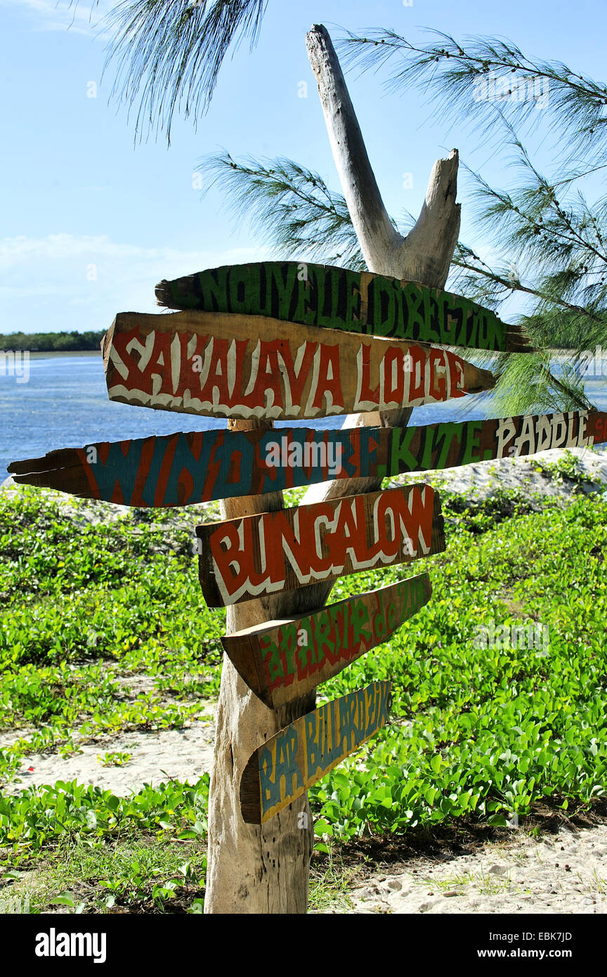signposts at the beach of Diego Suarez, Madagascar, Antsiranana Stock Photo