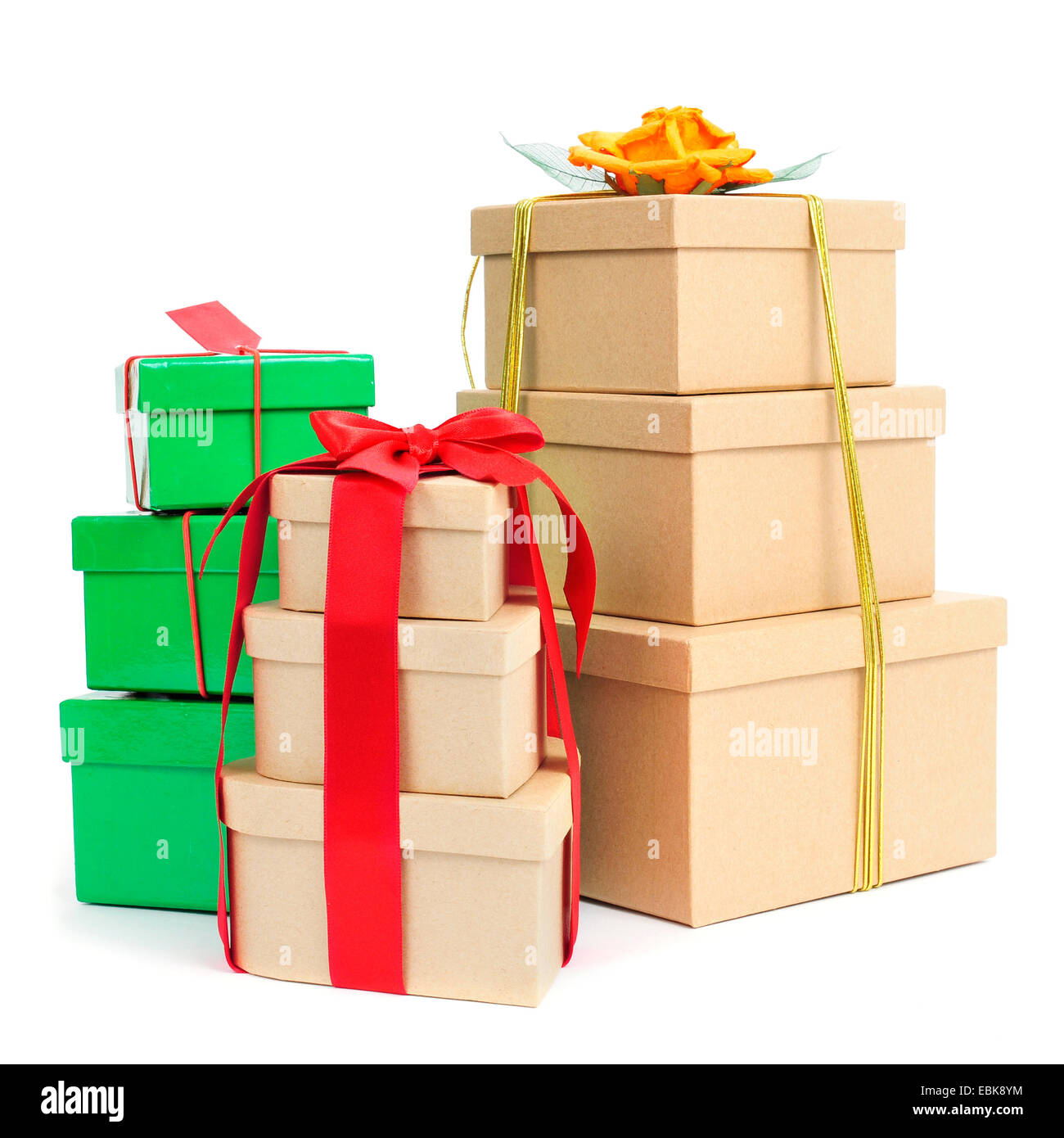 some piles of gift boxes of different colors and sizes on a white background Stock Photo Alamy