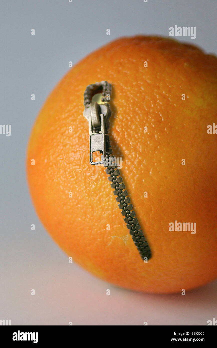 an orange with a zip Stock Photo