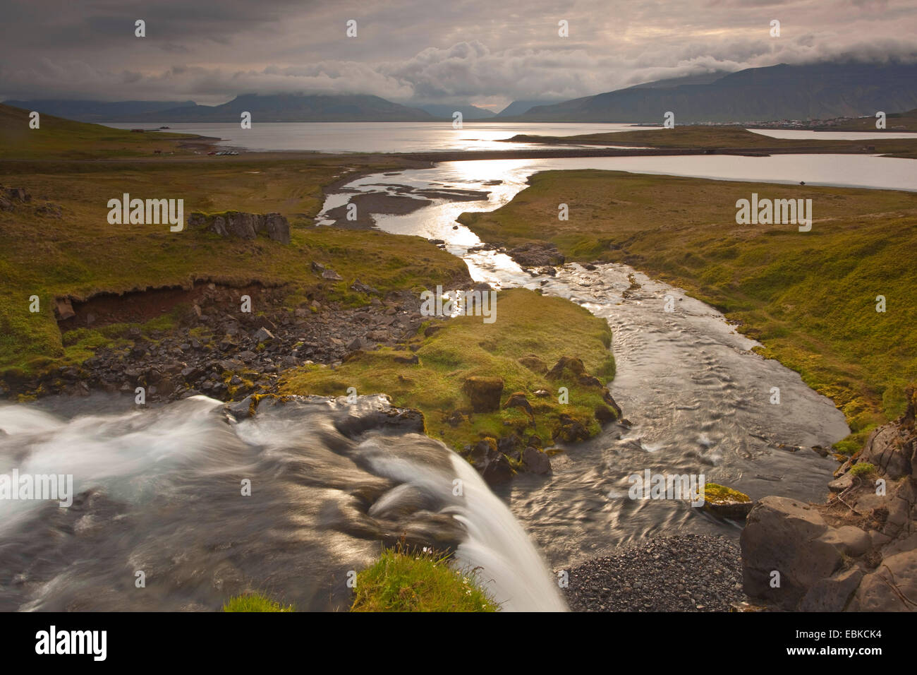 mountain stream flowing into sea, Iceland, Grundafjordur Stock Photo