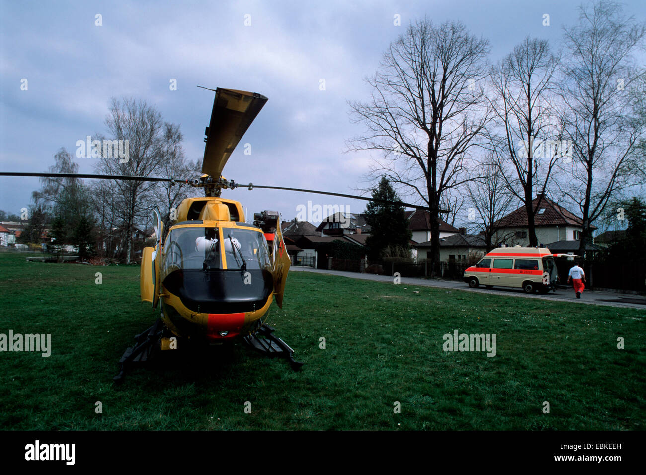 Rescue helicopter and emergency ambulance , Germany, Bavaria, Penzberg Stock Photo