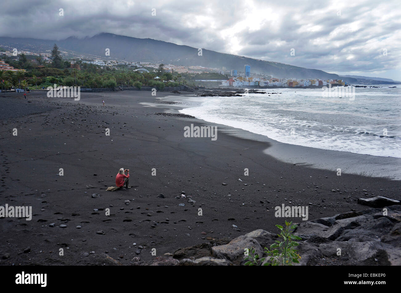 volcanic sand at the beach Playa Jardin, Canary Islands, Tenerife, Purto de la Cruz Stock Photo