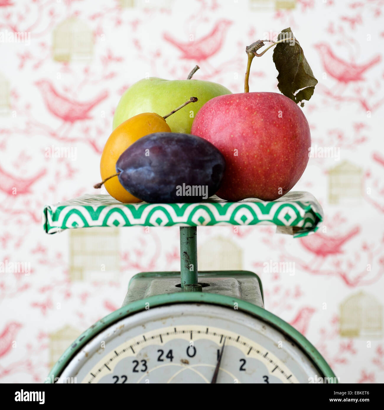 Studio shot of fruits on weight scale Stock Photo