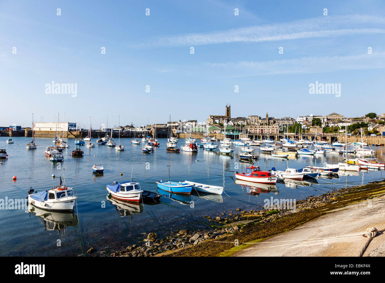 Penzance is a town, civil parish and port in Cornwall, in England, United Kingdom. It is well known for being the most westerly Stock Photo