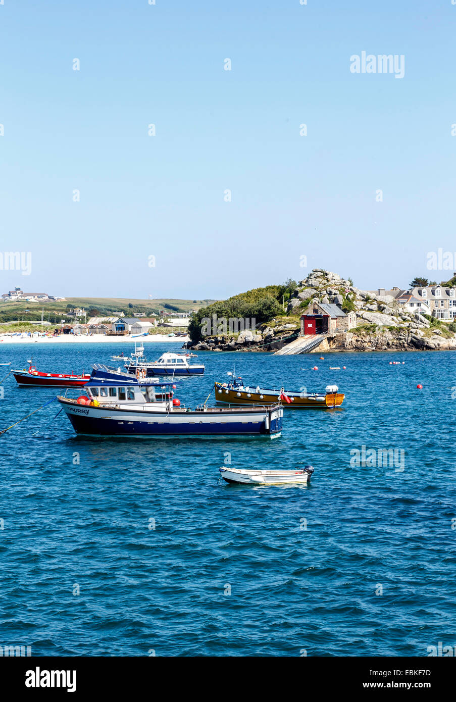 St Marys Harbour with the  lifeboat station.in the background.  In the foreground are some of the tripper boats. Stock Photo