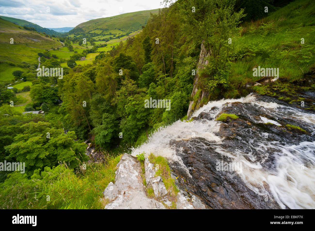 Looking over the top of Pistyll Rhaeadr waterfall, Powys, Wales. Stock Photo