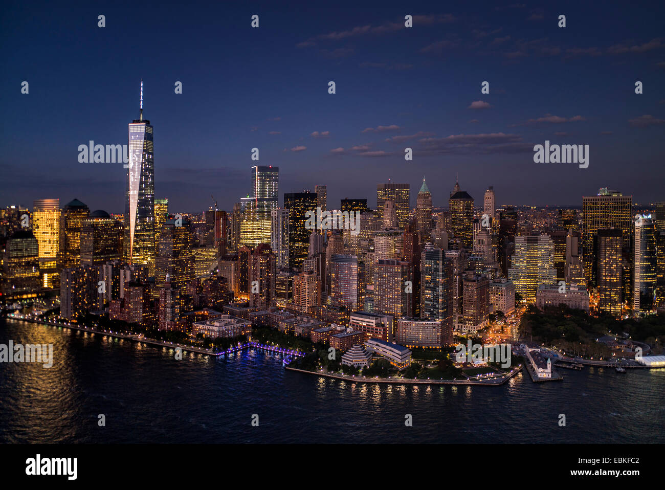 USA, New York State, New York City, Aerial view of city with Freedom tower at night Stock Photo