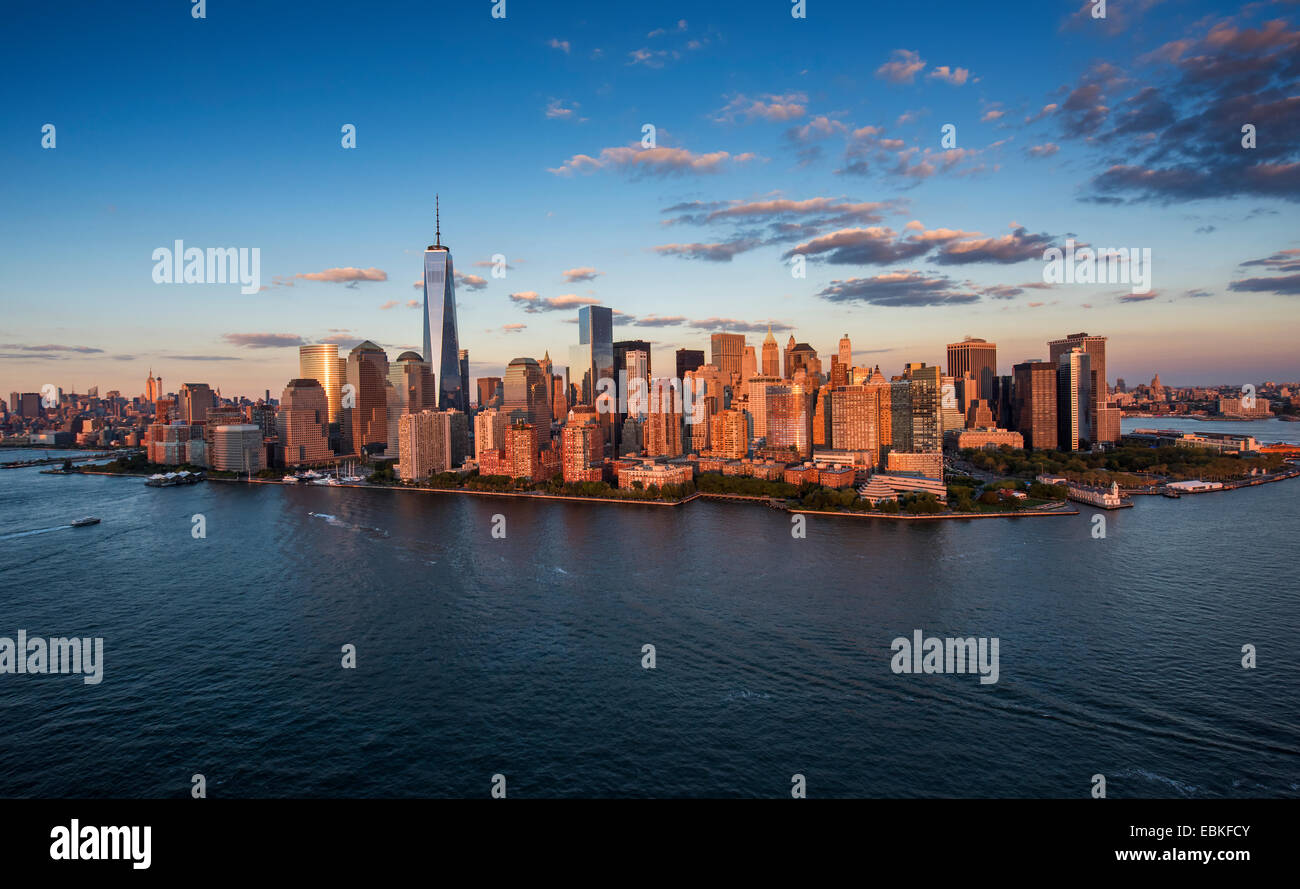 USA, New York State, New York City, Aerial view of city with Freedom tower at sunset Stock Photo