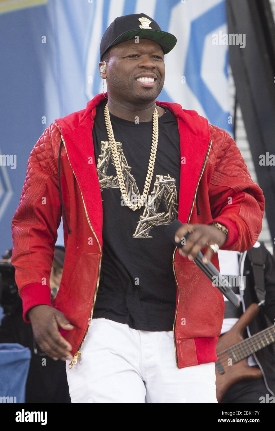 50 Cent performs live on Good Morning America to promote 'Animal Ambition' his first album in five years. He is joined on stage by R&B singers Trey Songz and Joe.  Featuring: 50 cent Where: New York, New York, United States When: 30 May 2014 Stock Photo