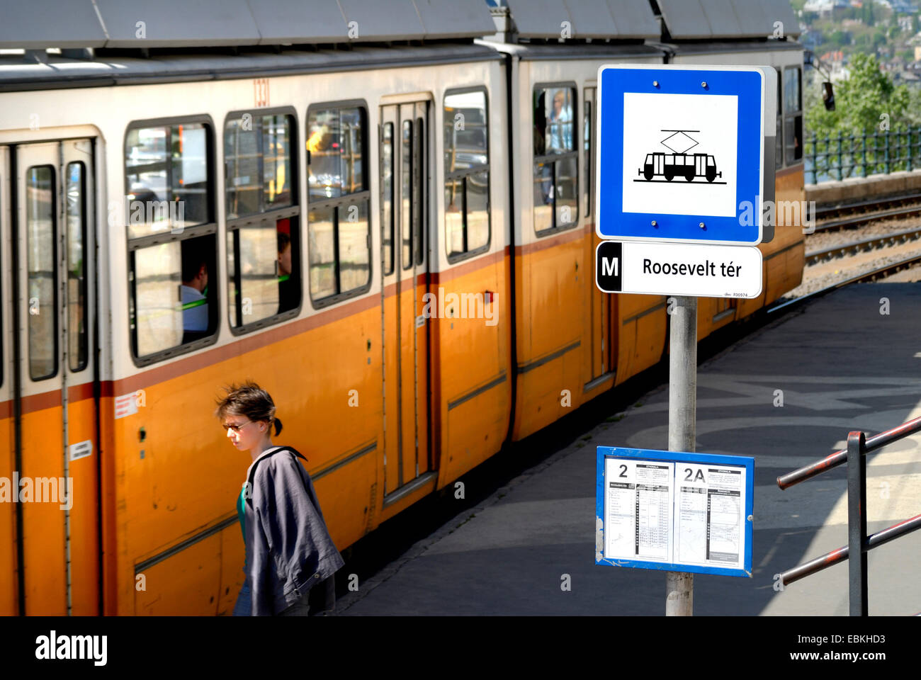 Budapest, Hungary. Tram at tram stop in Roosevelt ter (square Stock