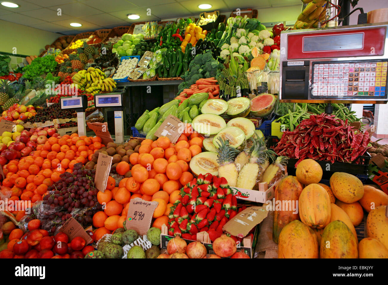 market stand with fruits and vegetables, Canary Islands, Tenerife, Santa Cruz De Tenerife, Mercado de la Senora de Africa Stock Photo