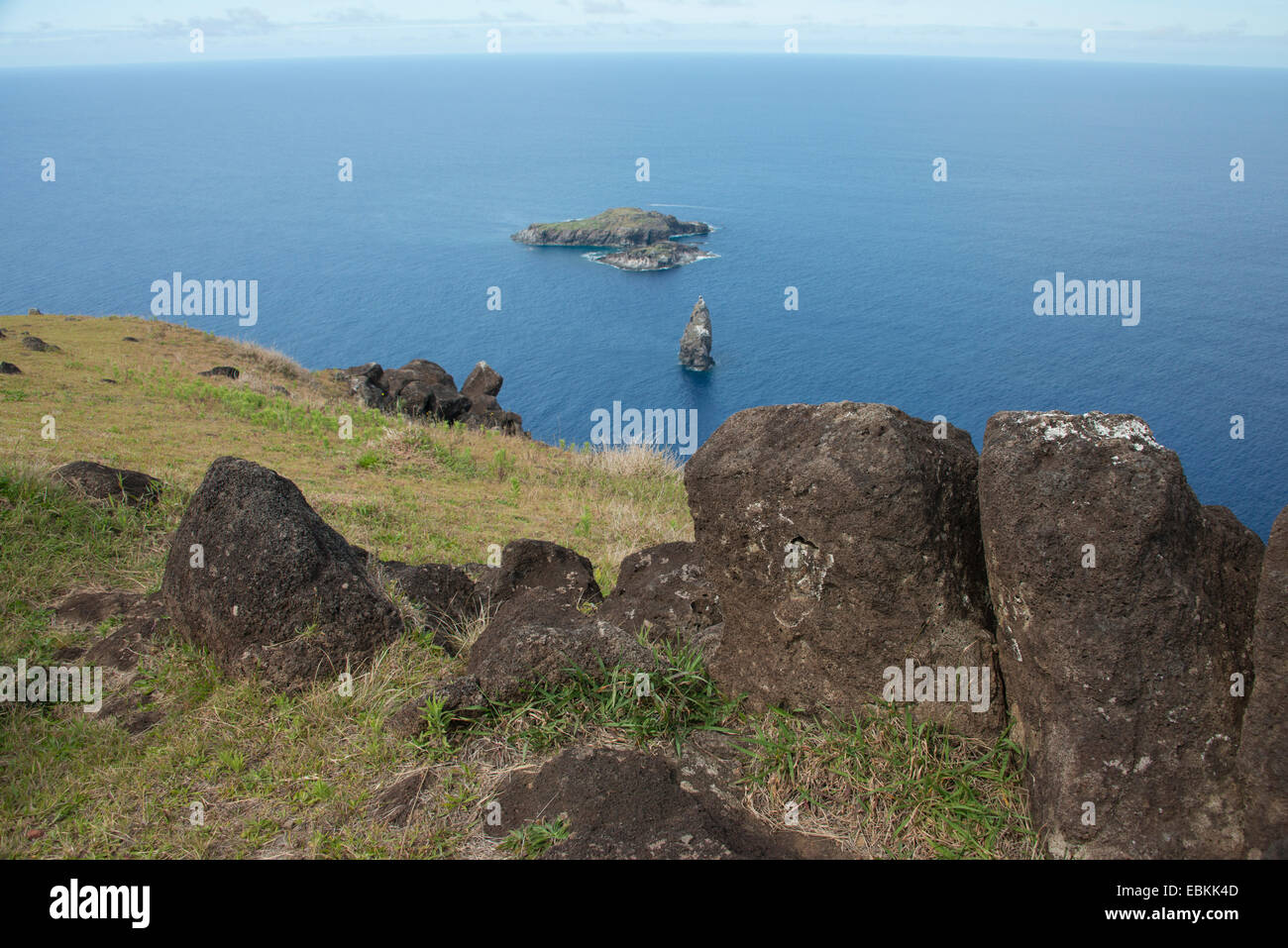 Easter Island aka Rapa Nui, Orongo, Rapa Nui NP. Overview of tiny islets of Moto Nui, Moto Iti and Moto Kao Kao. Stock Photo