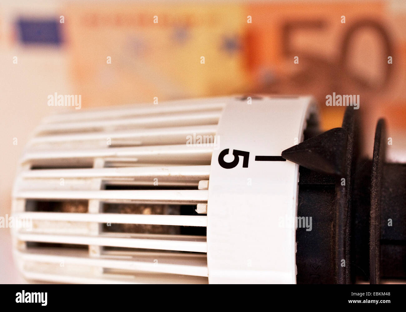 radiator thermostat and bank notes, symbol picture for heating costs, Germany Stock Photo