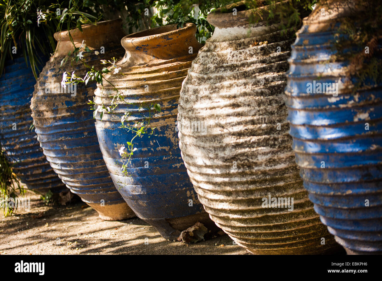 Large clay jars at a house yard in Tyros village. Arcadia, Peloponnese, Greece Stock Photo