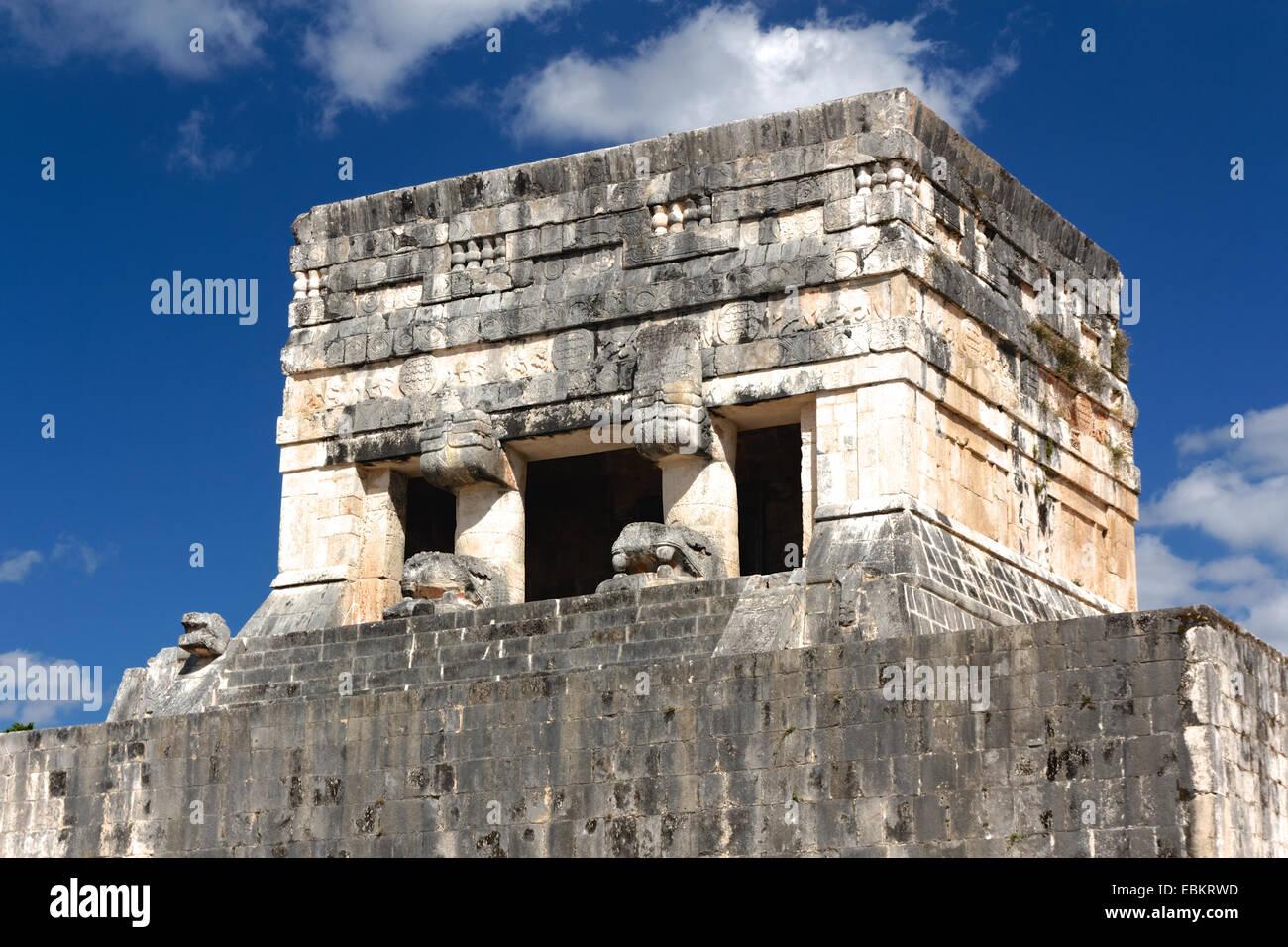 Detail of a tower at the Juego de Pelota (ball game) ruins at the Mayan city of Chichen Itza, Mexico. Stock Photo
