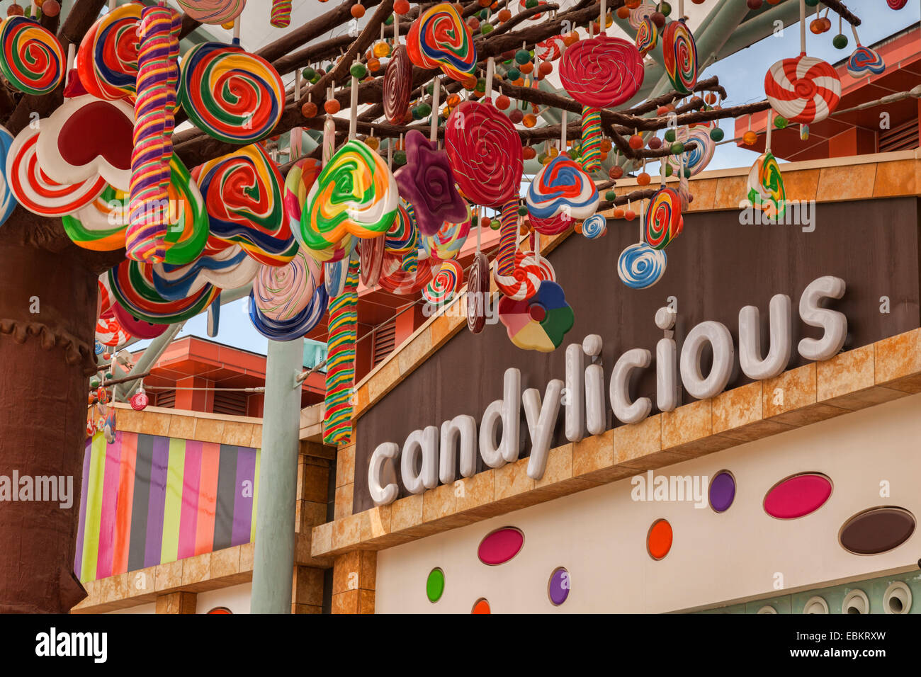 Candylicious logo and shop on Sentosa Island, Singapore Stock Photo