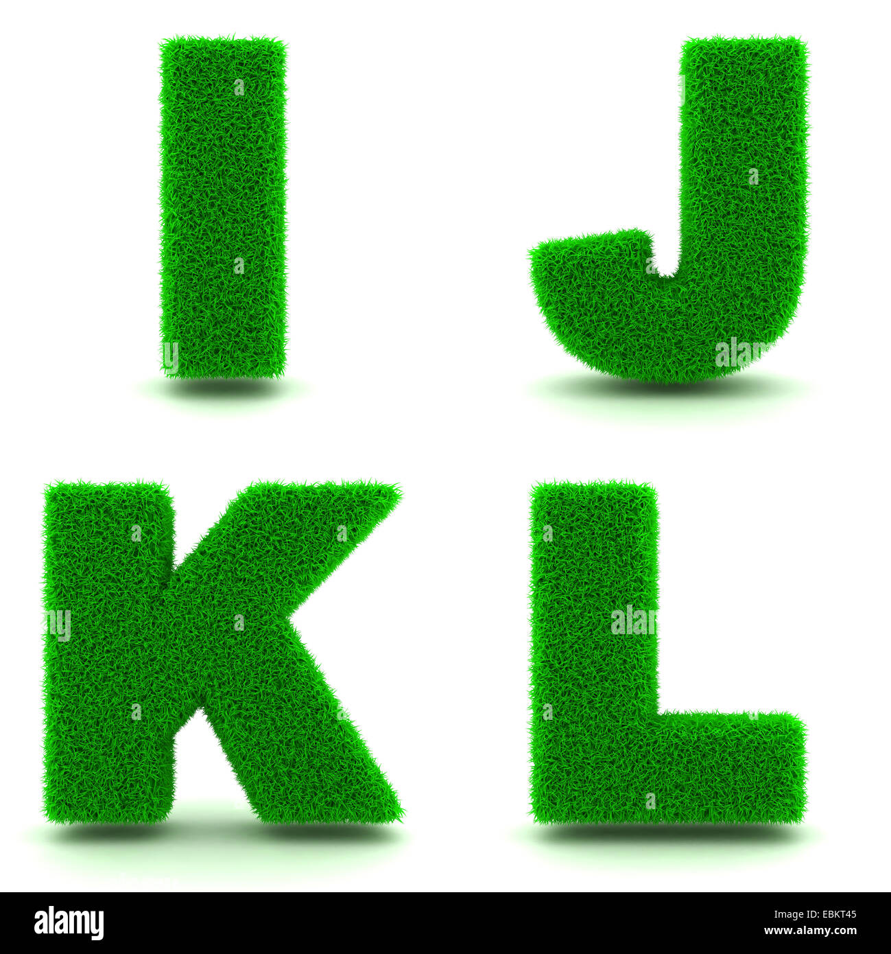 Letters I, J, K, L - Alphabet Set of Green Grass on White Background in 3d. Stock Photo