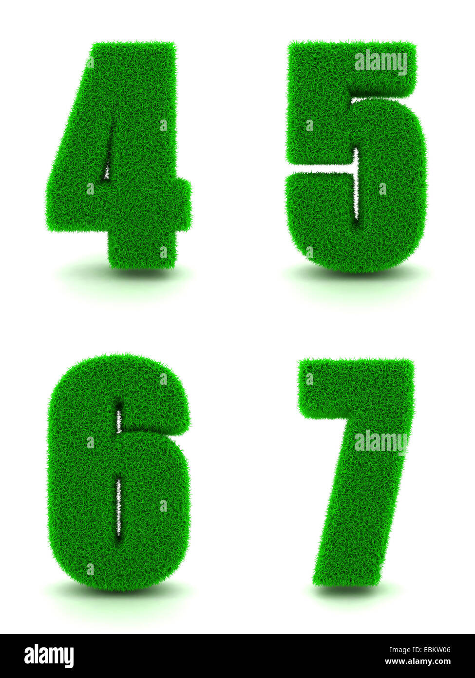 Digits 4, 5, 6, 7 - Set of Green Grass on White Background in 3d. Stock Photo