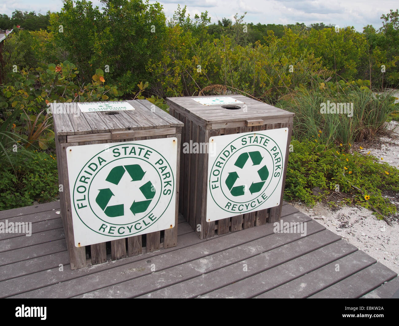 Recycling bins at Lovers Key State Park, Fort Myers, Florida, USA