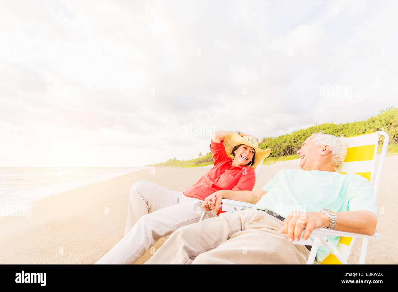 USA, Florida, Jupiter, View of couple sitting in lounge chairs on beach