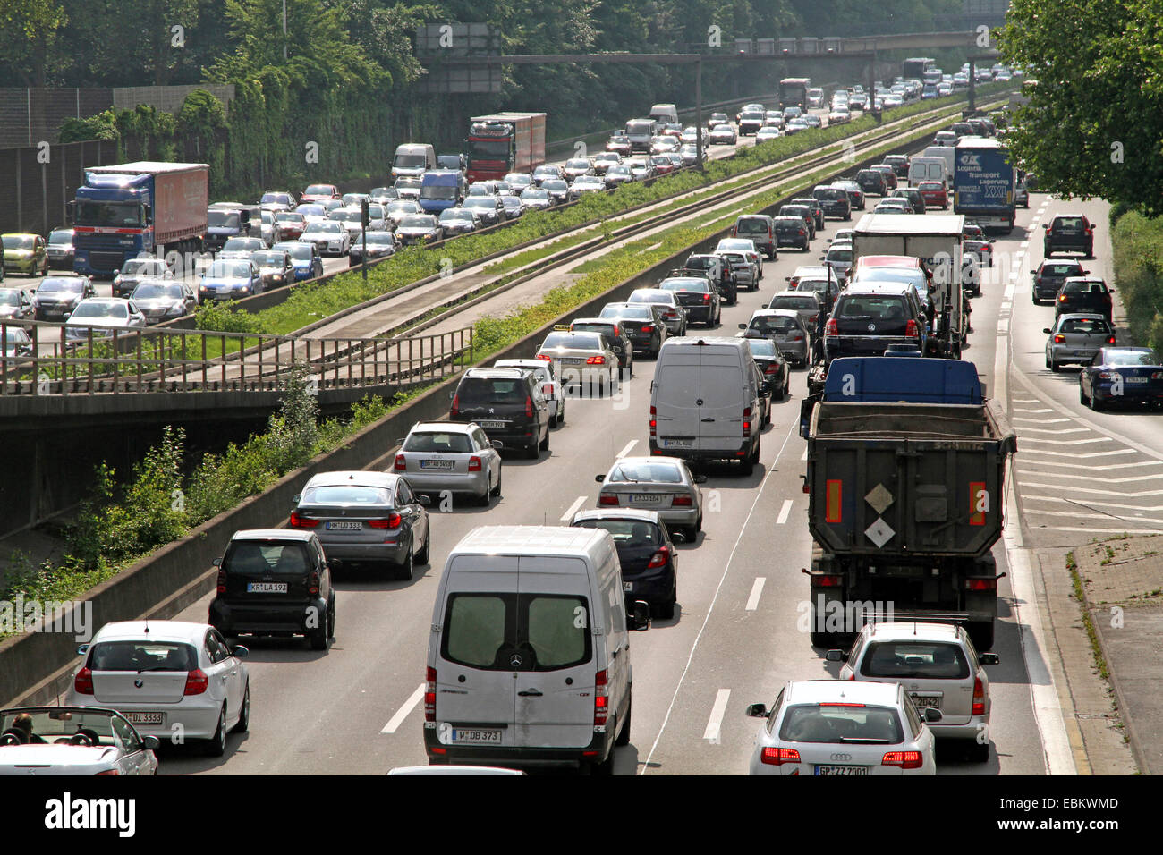 traffic jam on highway A40 in Ruhr Area, Germany, North RhineWestphalia, Ruhr Area, Essen Stock