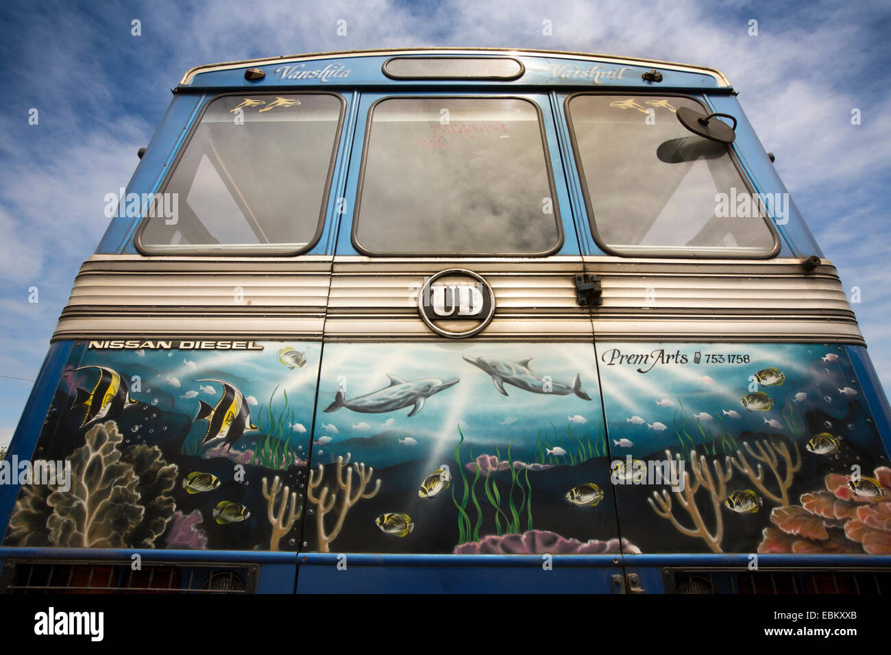 Mauritius, Port Louis, folk art, City Bus Station, airbrushed back of Rajenrda local bus, underwater scene Stock Photo