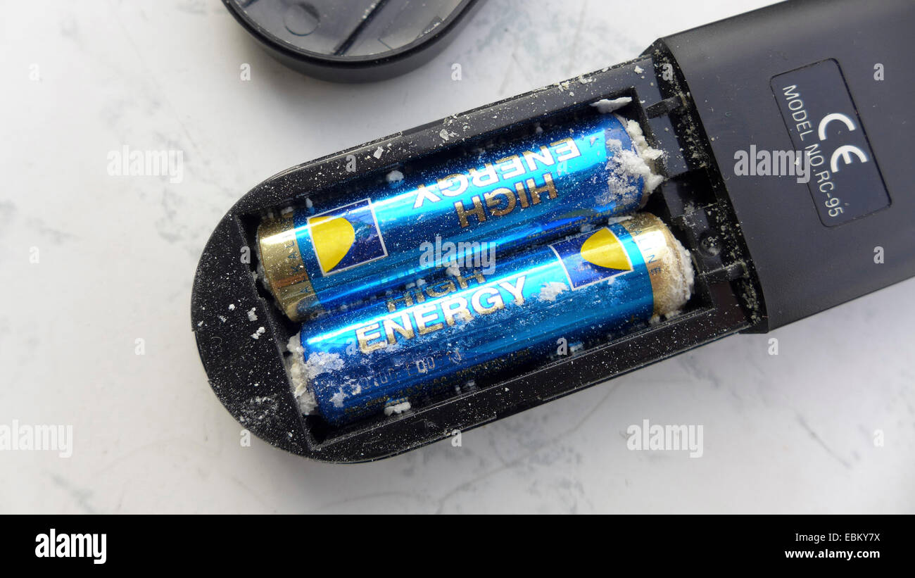 leaked batteries in a remote control Stock Photo
