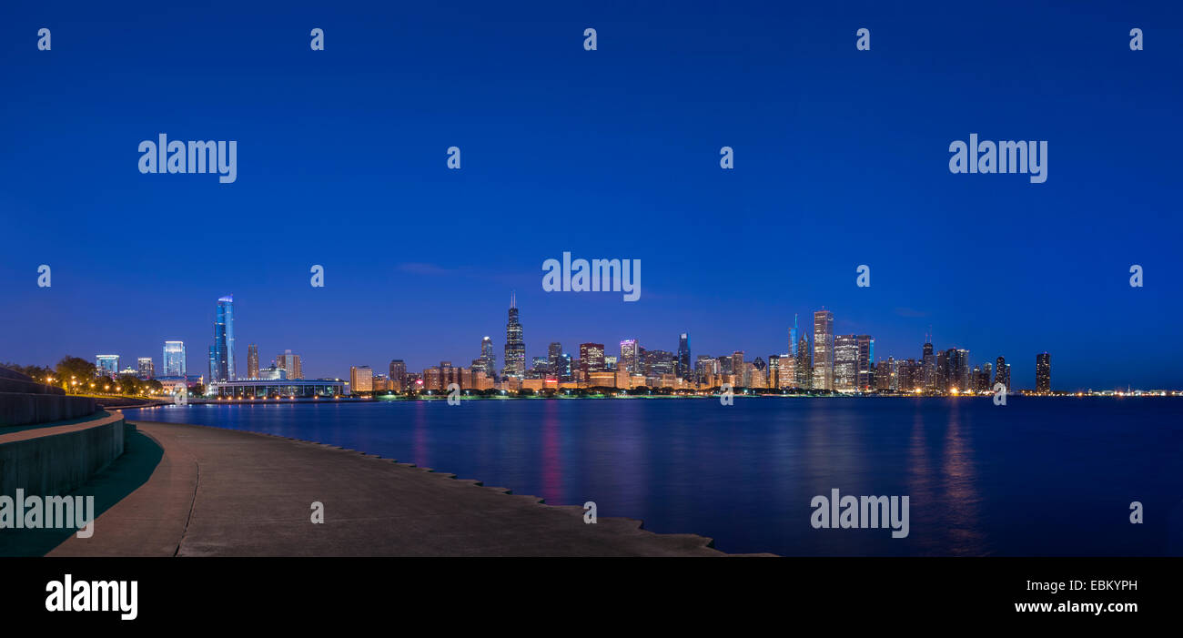 Chicago Skyline Cityscape Panoramic Panorama With Pier In Foreground Stock Photo