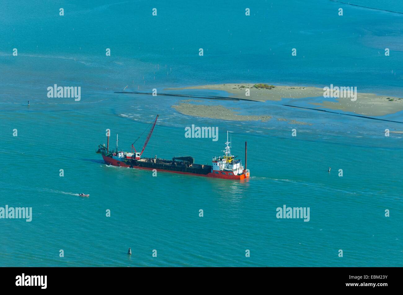 Aerial view of digging boat, Venice lagoon, Italy, Europe Stock Photo